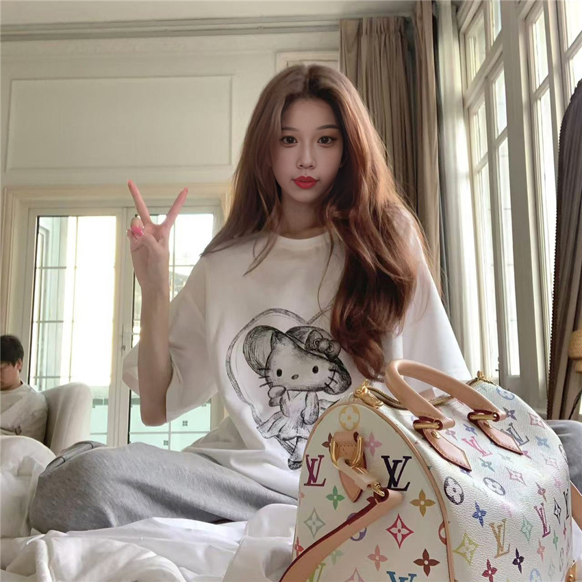 韩系慵懒风Kitty猫短袖T恤女新款夏季大码休闲宽松上衣可外穿ins