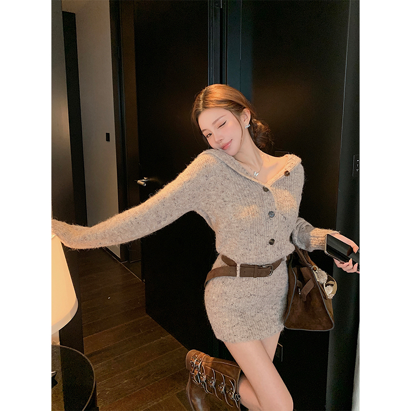 高级优雅淡紫花灰毛衣连衣裙女秋季新款浪漫设计感中腰H型连衣裙