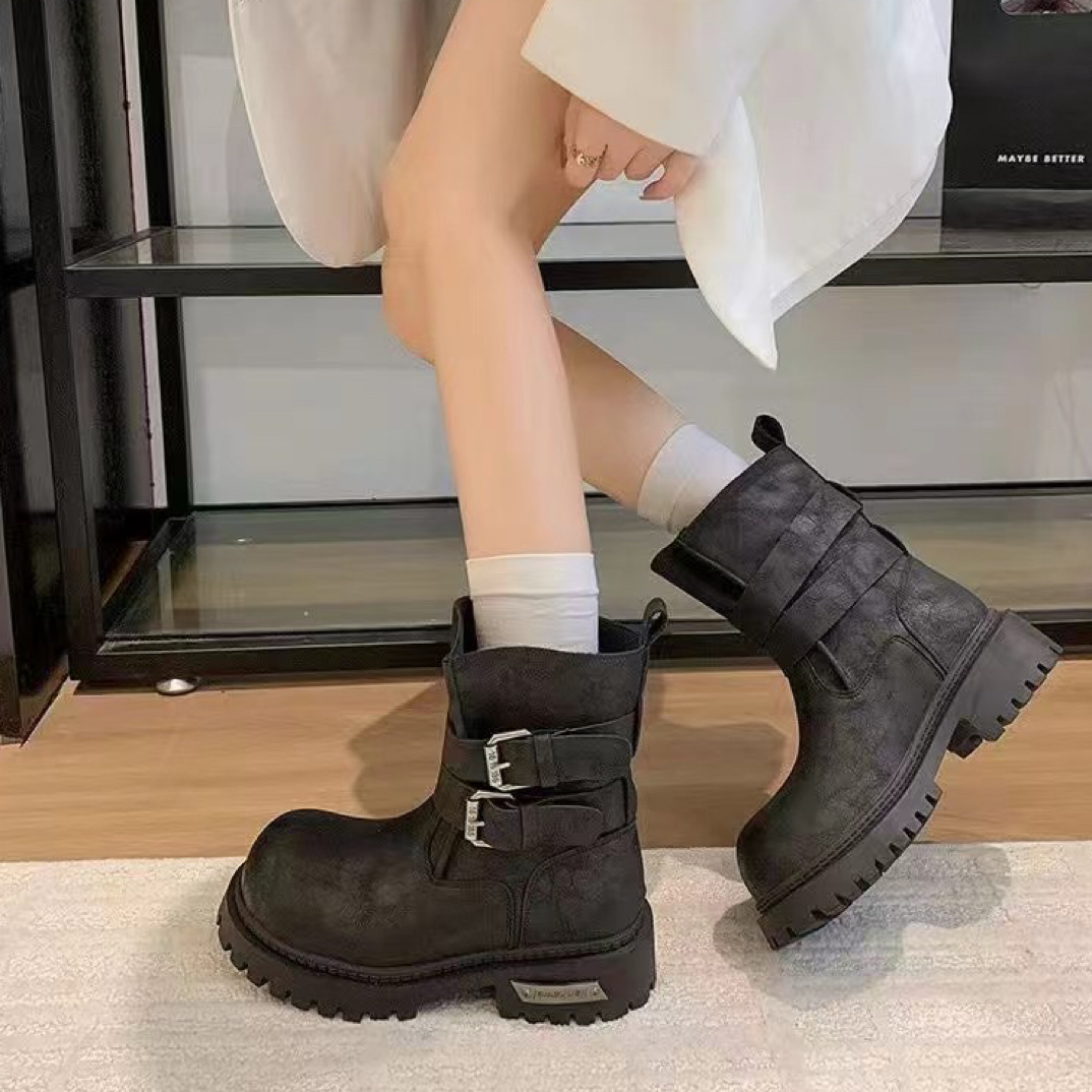 中跟中筒增高工装风固特异马丁靴拼色军旅风朋克风