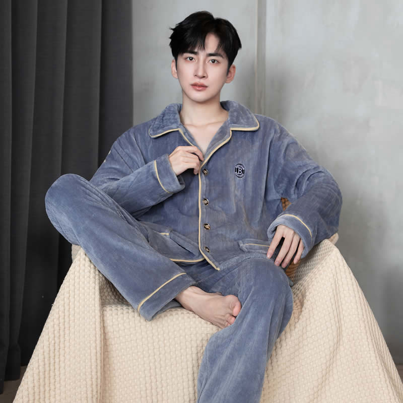 法兰绒秋冬季睡衣加绒珊瑚加厚男士保暖家居服套装长袖冬天