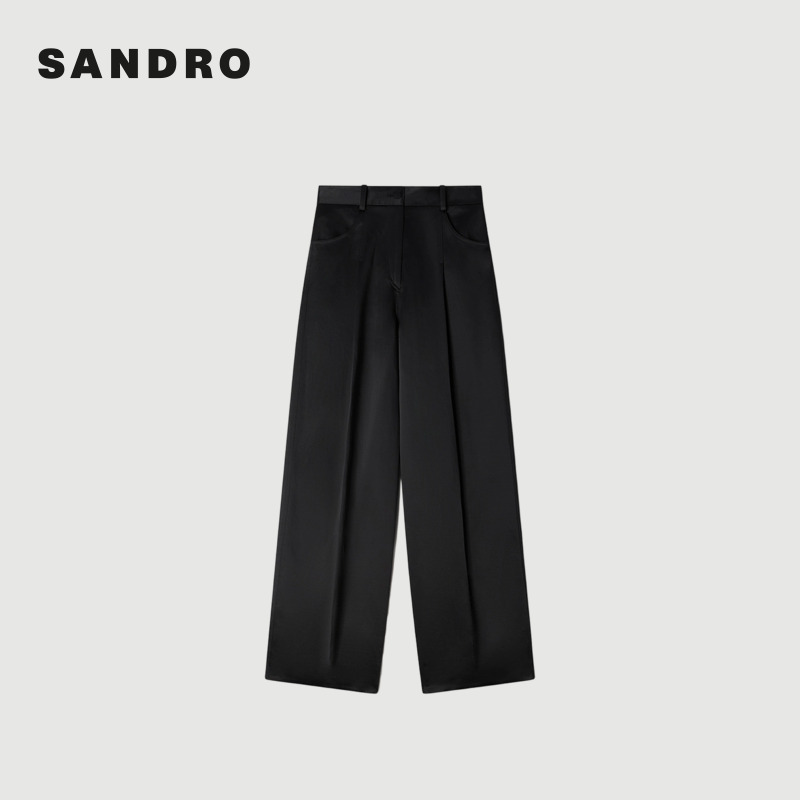 SANDRO2026春季新款时尚黑色皮皮带袢高腰阔腿休闲长裤SFPPA01857