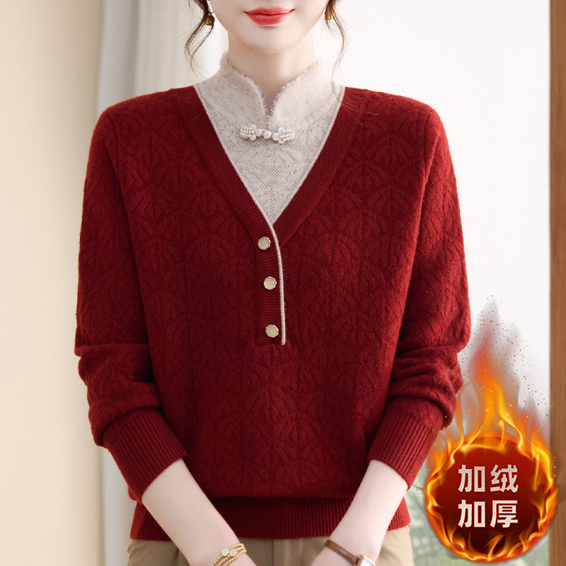 妈妈秋冬装保暖加厚毛衣旗袍领2025新款中老年一体绒上衣女打底衫