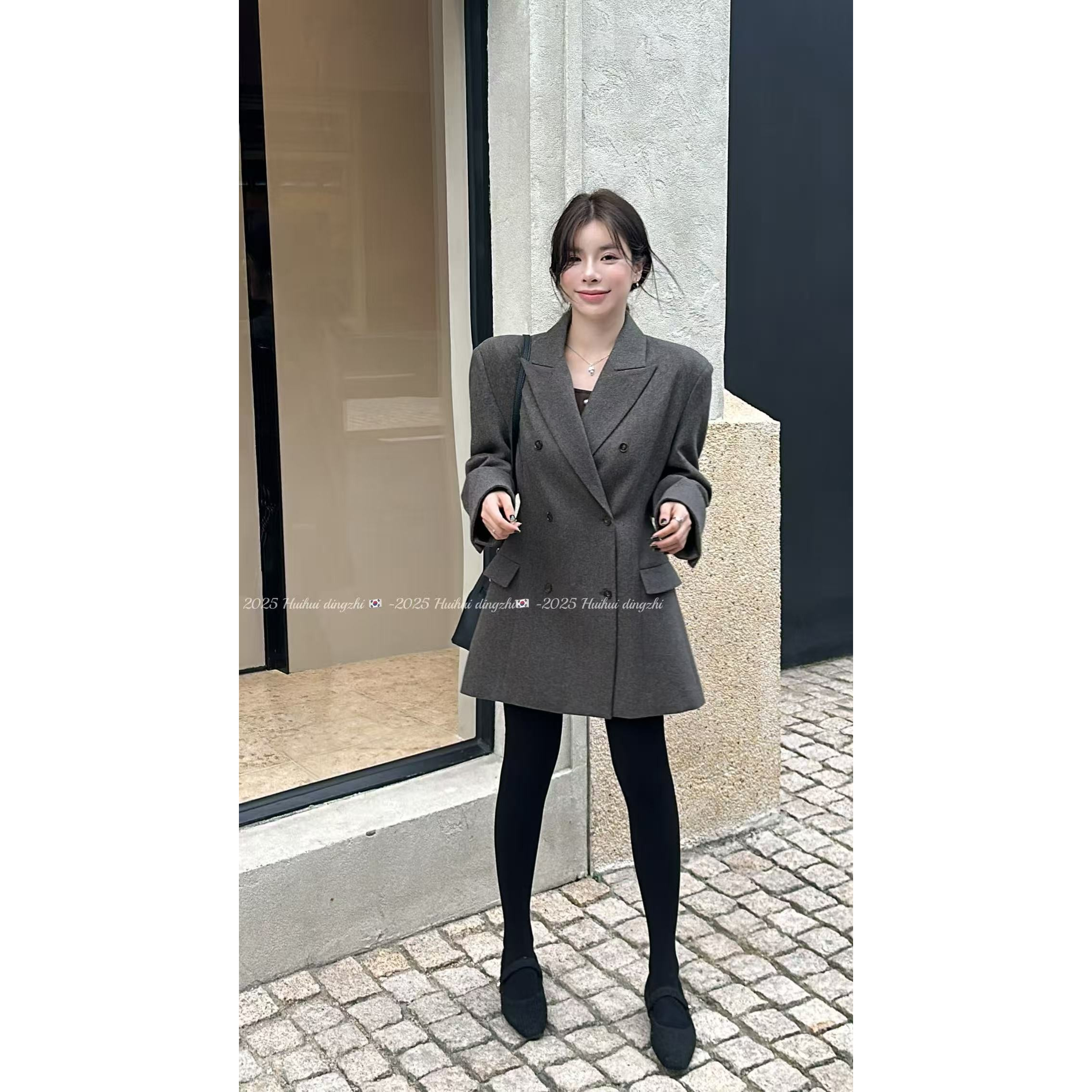 【HuiHui】东大门定制设计师气质简约带垫肩夹羽绒毛呢西装（D0217）