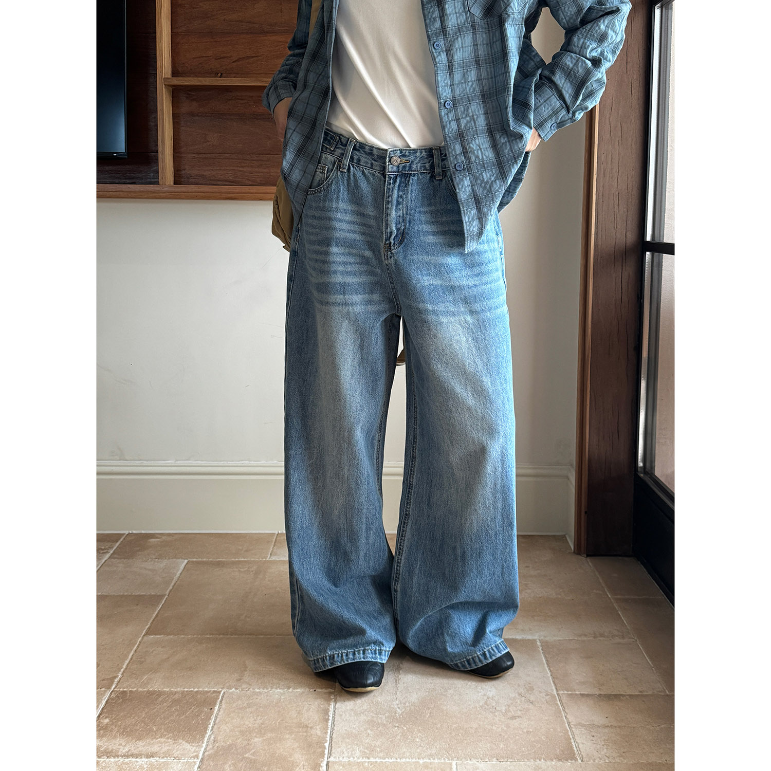 19studio WAYNEPRINCE腰围可调节水洗做旧长裤休闲宽松直筒牛仔裤