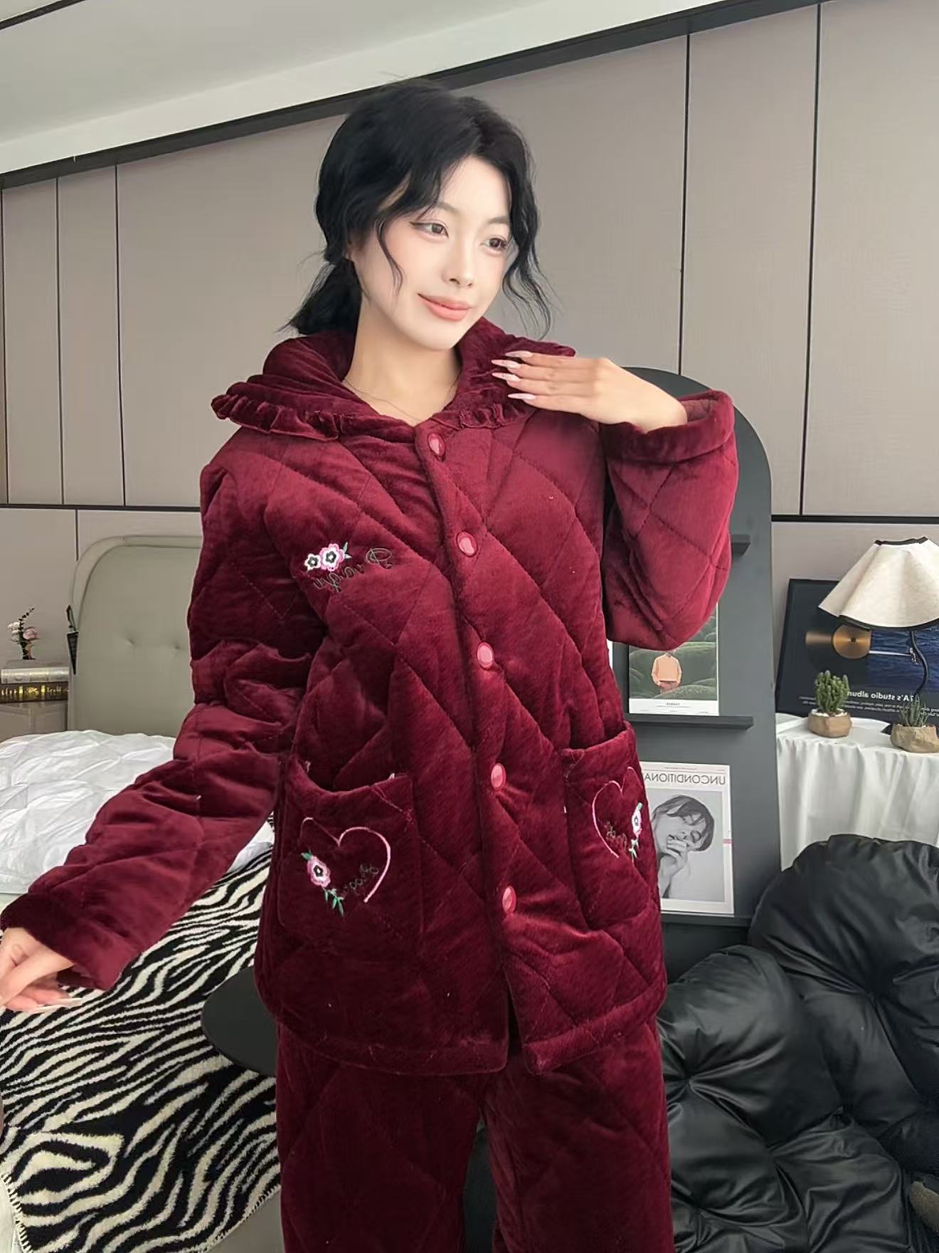 【0254雅】睡衣女冬珊瑚三层夹棉中老年妈妈加厚法兰绒保暖家居套装
