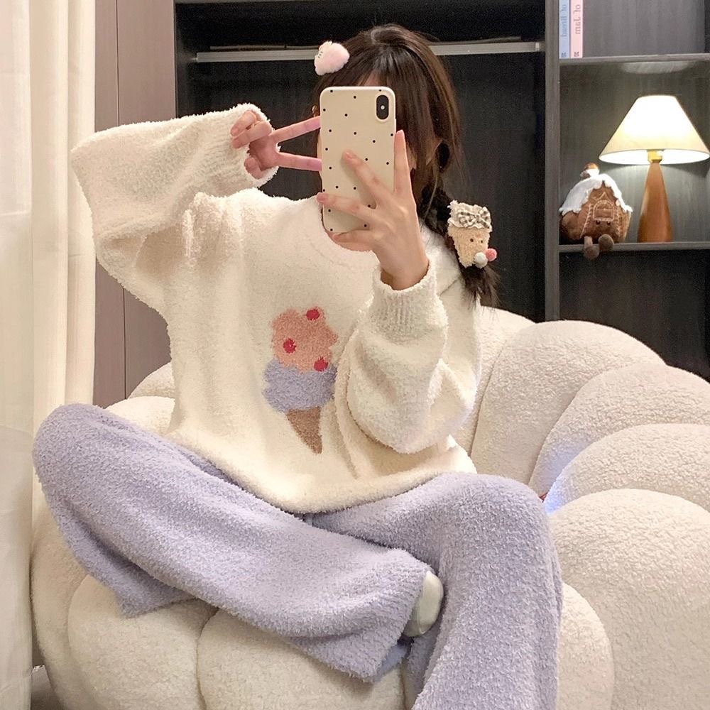 睡衣女秋冬加绒加厚卡通KT小狗半边绒珊瑚绒可外穿家居服套装