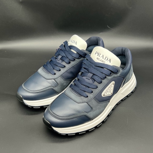 95新 Prada/普拉达 休闲运动鞋三角钢标白蓝运动鞋 40欧 奢f