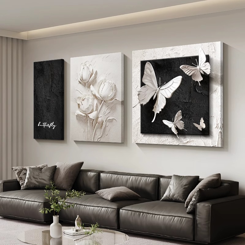 黑白蝴蝶客厅装饰画现代简约沙发背景墙挂画抽象高级感肌理三联画