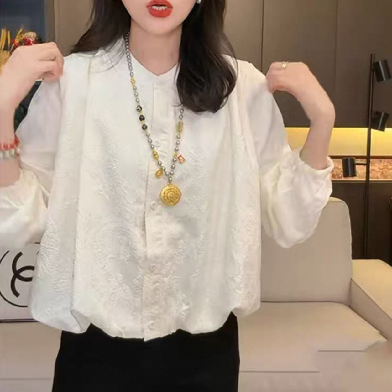 薄款长袖提花春季刺绣立领衬衫显瘦衬衣蕾丝夏季白色绣花女装