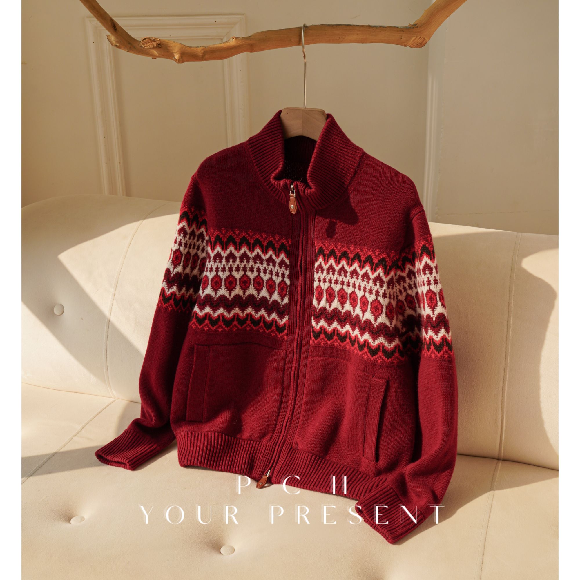 PCH 费尔岛圣诞新年系列经典英伦风羊绒针织衫LP同款定制双开拉链