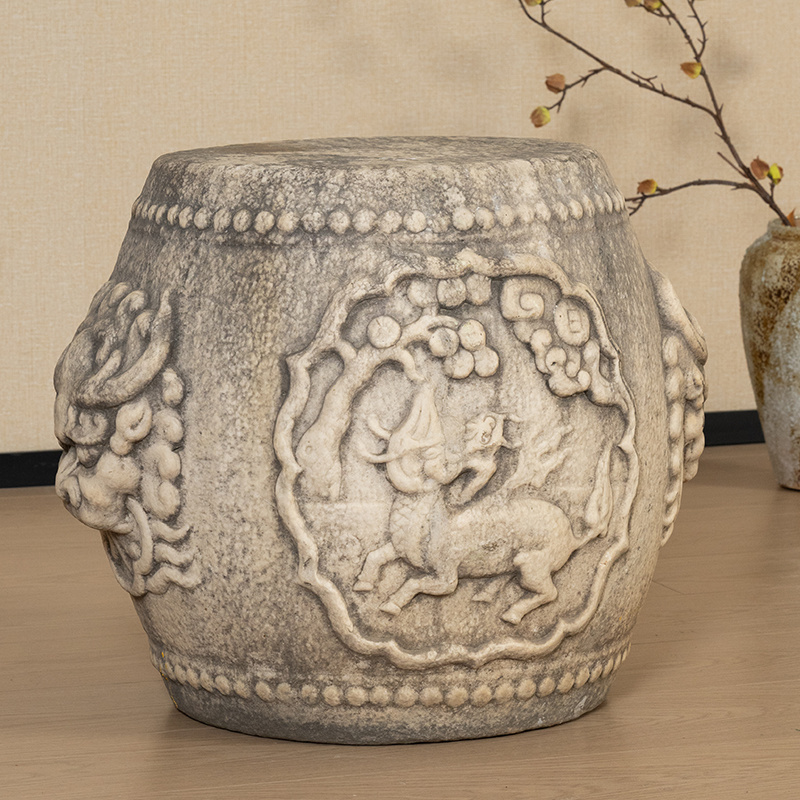 清代 石雕铺首麒麟纹鼓墩 古董收藏品