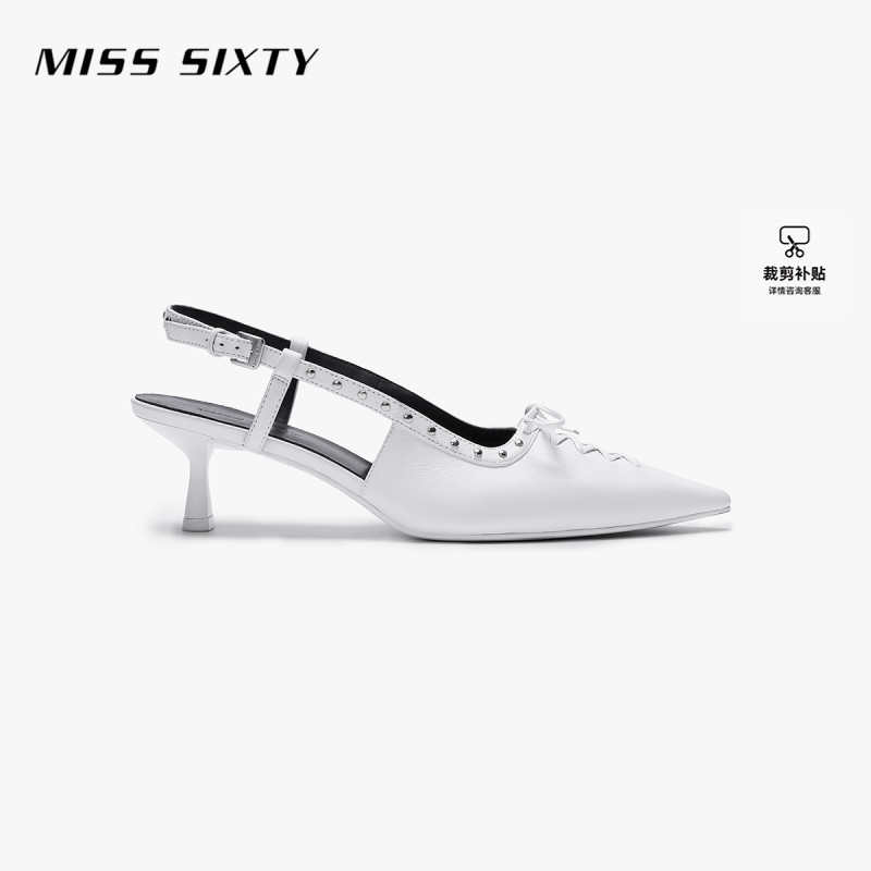 Miss Sixty2026春季新款高跟鞋女羊皮凉鞋细跟尖头后空系带撞钉