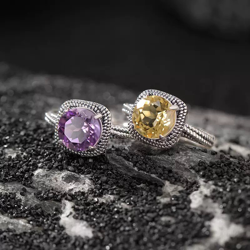 925银戒指 S925银紫水黄水复古做旧扭纹麻花方形切面戒指银指环 