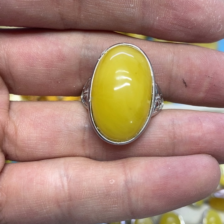 蜜蜡裸石银S925镶嵌戒指