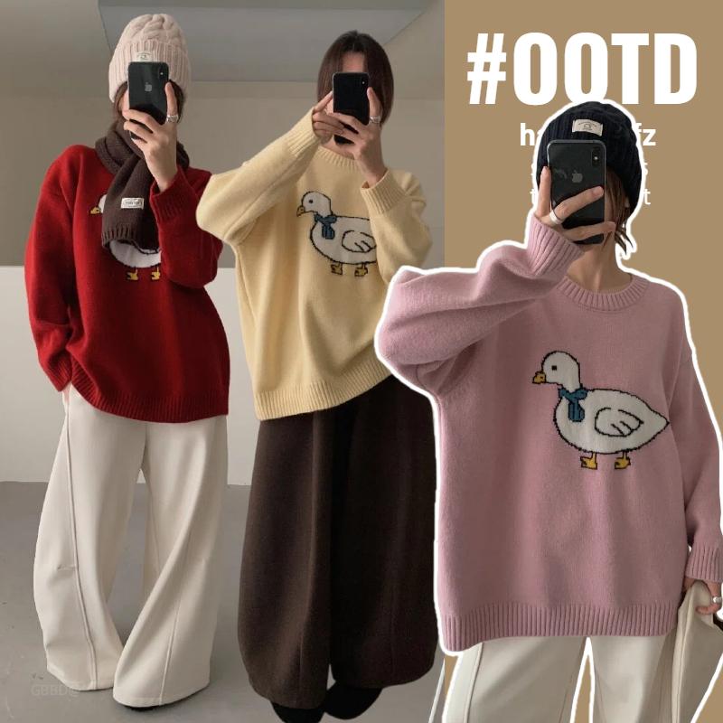 孕妇装韩版卡通小鸭毛衣厚实卡通可爱刺绣慵懒风宽松针织上衣女