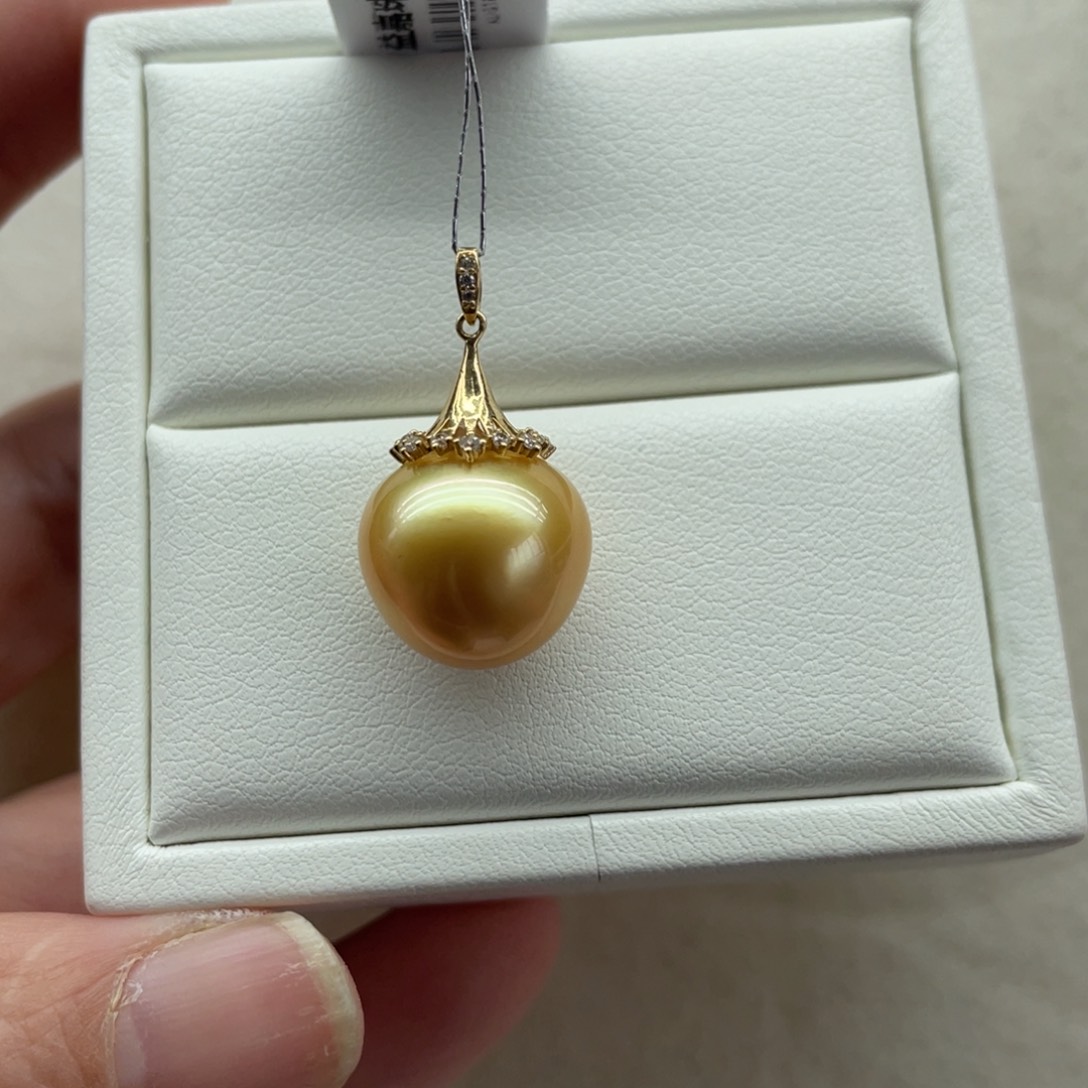 海水珍珠吊坠(不含链)18K金镶嵌14-15mm