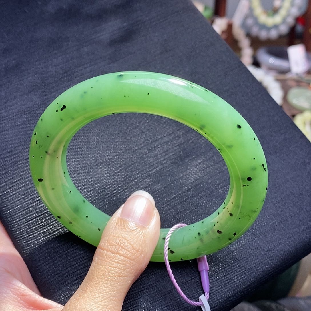 和田玉未镶嵌碧玉乌兰海胖圆手镯54.4圈口