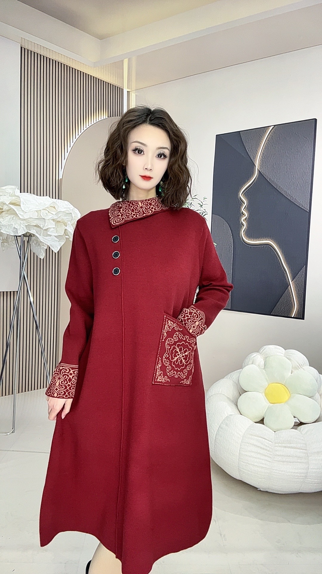 213-214号2025新款宽松A字裙秋冬气质羊毛衣裙女牡丹提花款