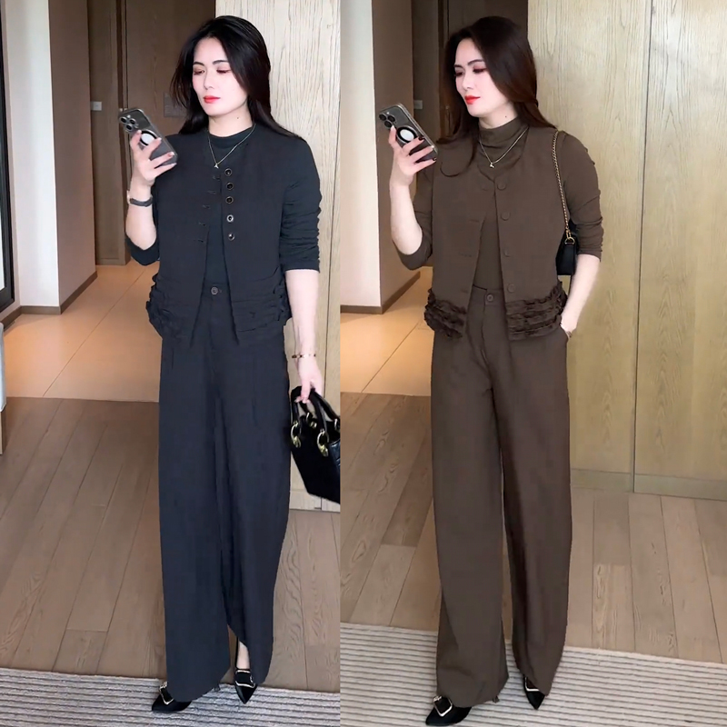 时尚洋气休闲套装女2025春秋新款显瘦老钱风修身休闲三件套套装