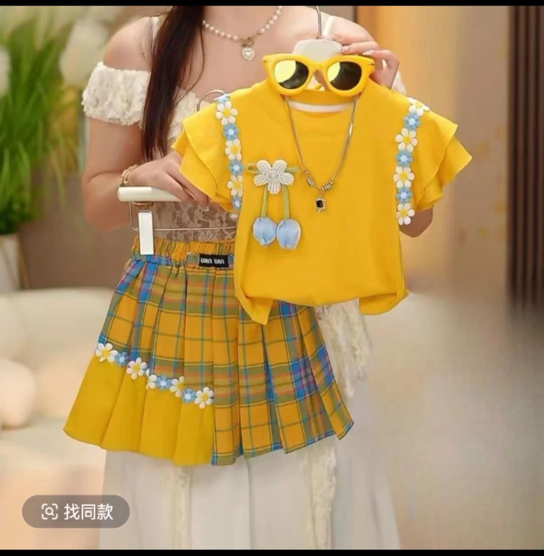 【G】2025夏季新款甜美休闲套装格子百褶裙子套装韩版洋气女孩