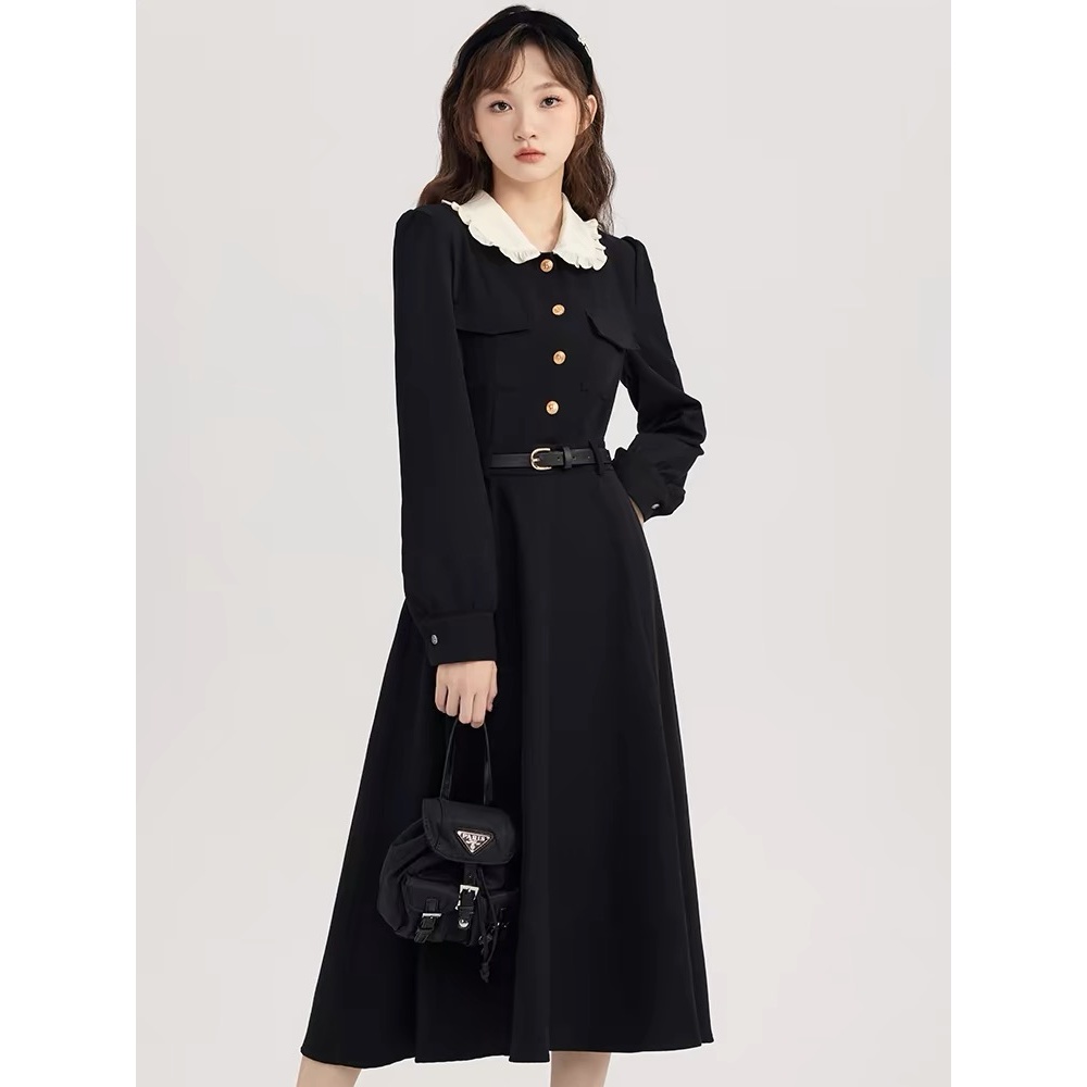 高级感秋冬季新款黑色长袖连衣裙收腰显瘦气407