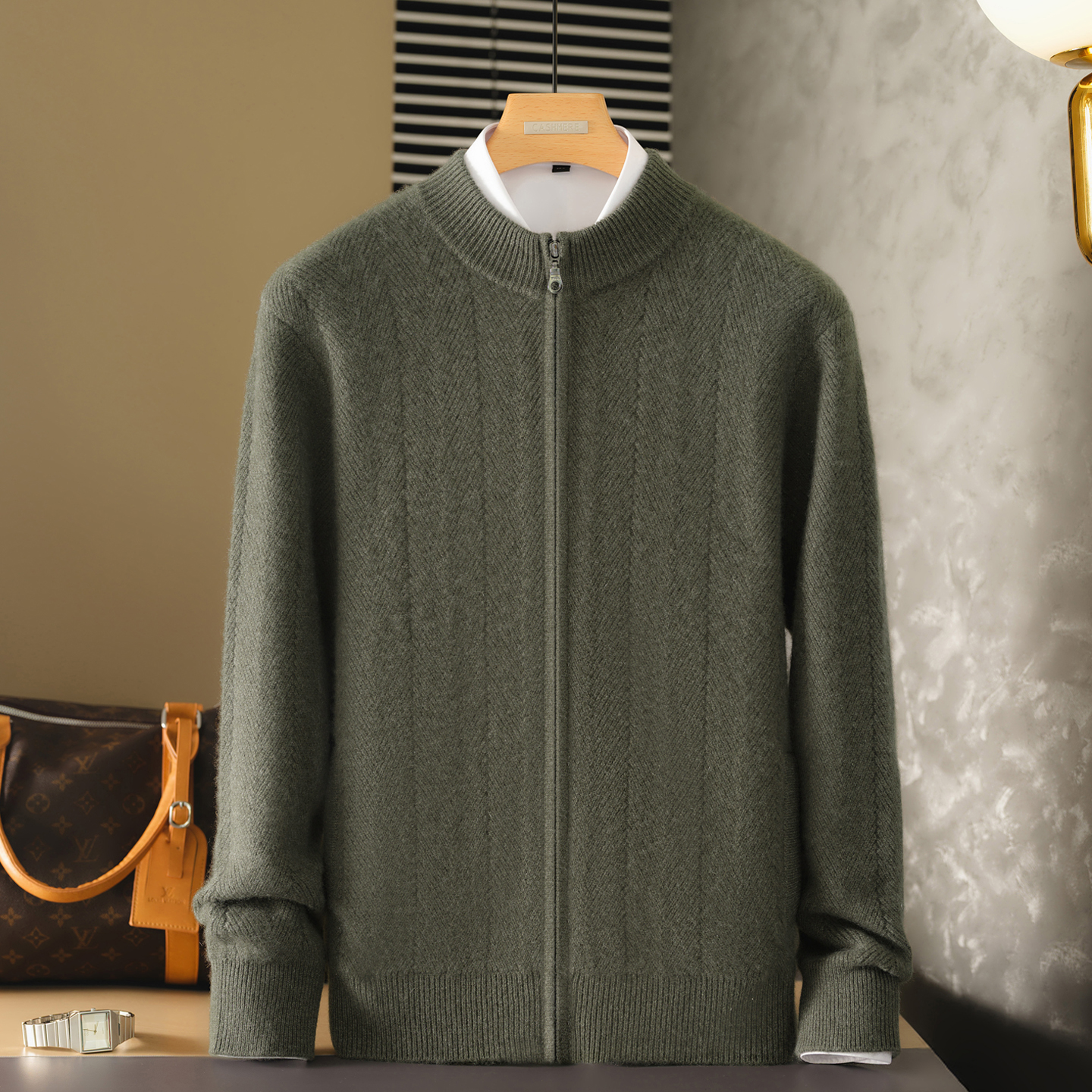 鄂家同款秋冬男士纯山羊绒七针双股半高领针织开衫外套百搭休闲