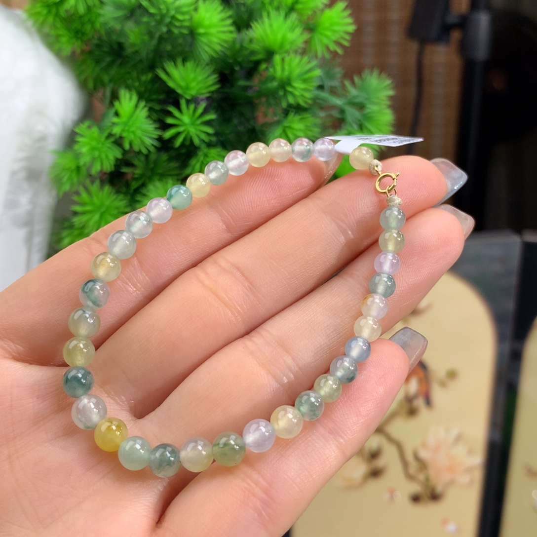 翡翠手链未镶嵌冰种飘花马卡龙手链卡4.5-5.8m m