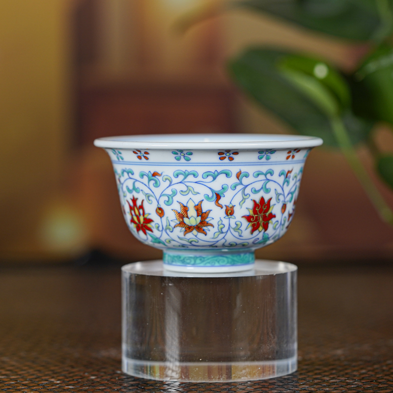 【墨舍名窑】一儒堂斗彩缠枝莲压手杯yrt1218
