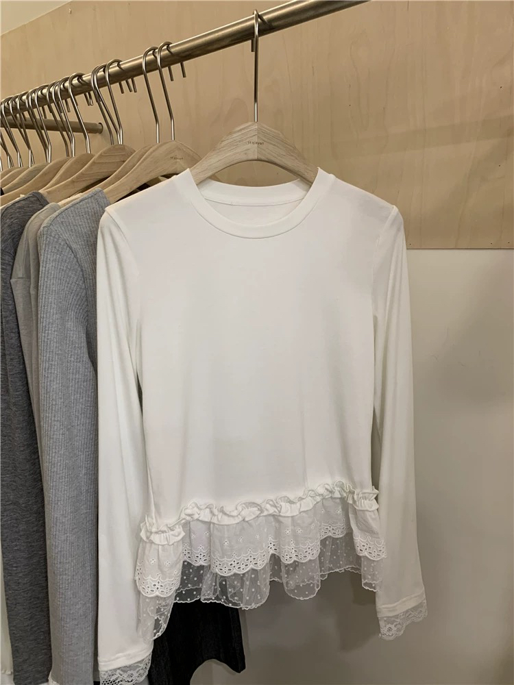 设计感蕾丝网纱花边拼接长袖t恤女2025早春新款韩系内搭甜美上衣