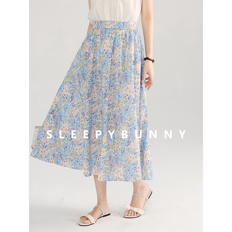 B瞌睡兔【清苍】法式碎花半身裙女夏高腰大裙摆遮肉显瘦a字裙243004