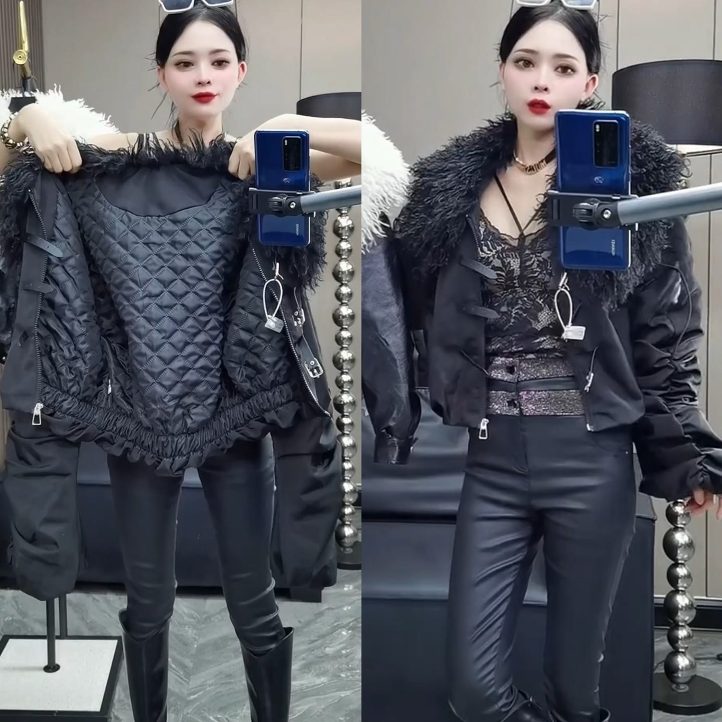 1036#Q小众洋气百搭高级感仿羔毛毛领拼接褶皱袖短款加厚短外套