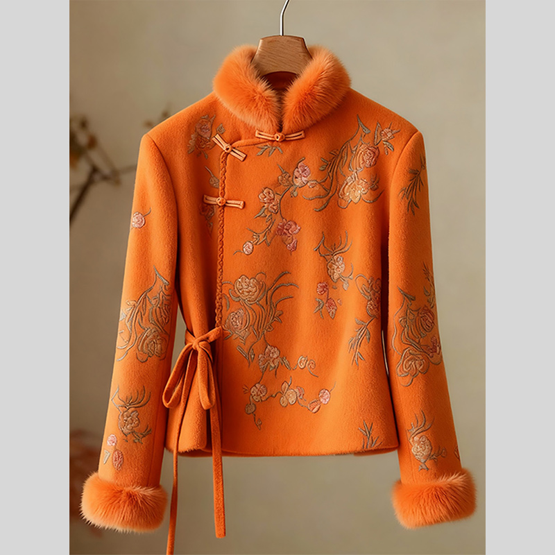 新中式国风立领爆款刺绣外套女2025秋冬季新款毛领系带复古上衣