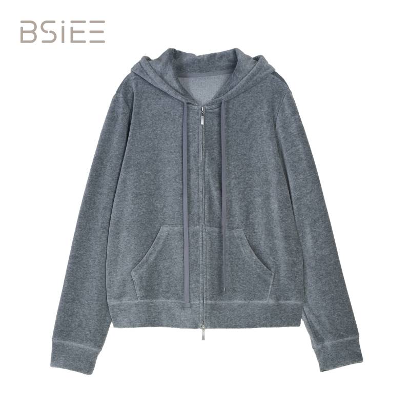 BSiEE本涩冬季新款百搭宽松连帽拉链丝绒毛衣针织衫外套