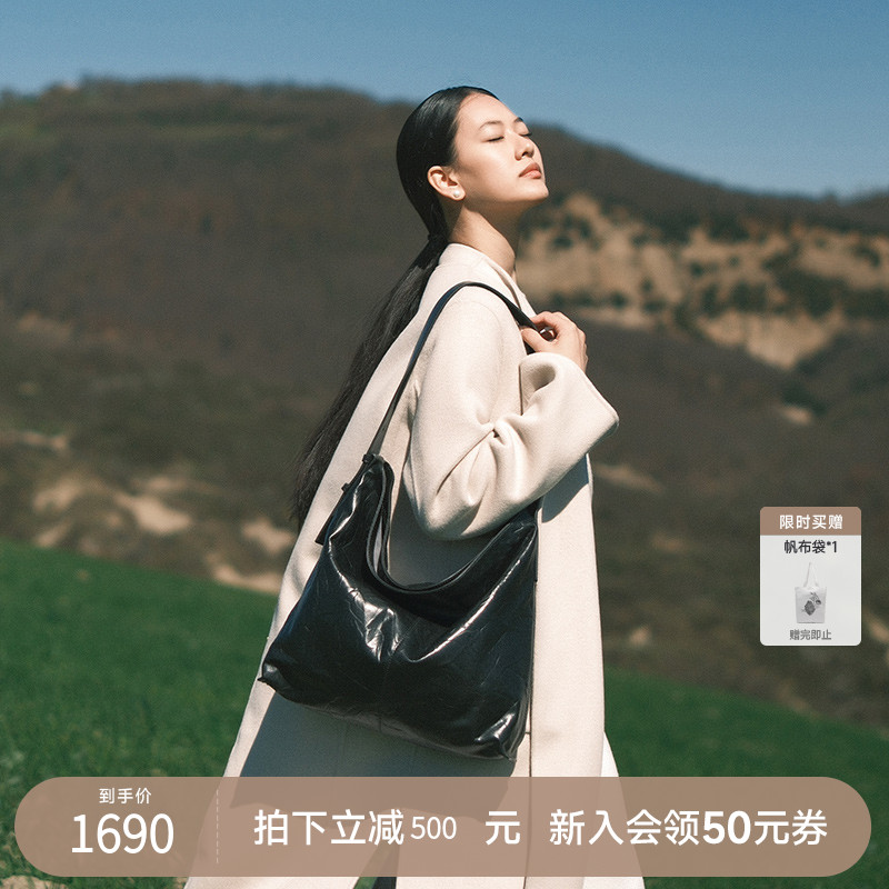 BAMPO半坡绵绵包大hobo牛皮托特包大容量流浪包女士黑色单肩包