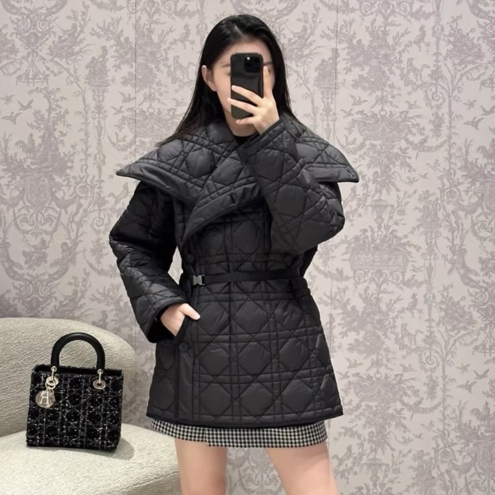 99新 DIOR/迪奥 汤/P255130333/黑色 大翻领 藤格纹棉服外套 38码