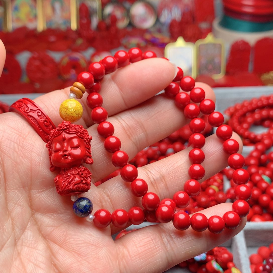 天然辰砂工艺品朱砂度母双圈手串