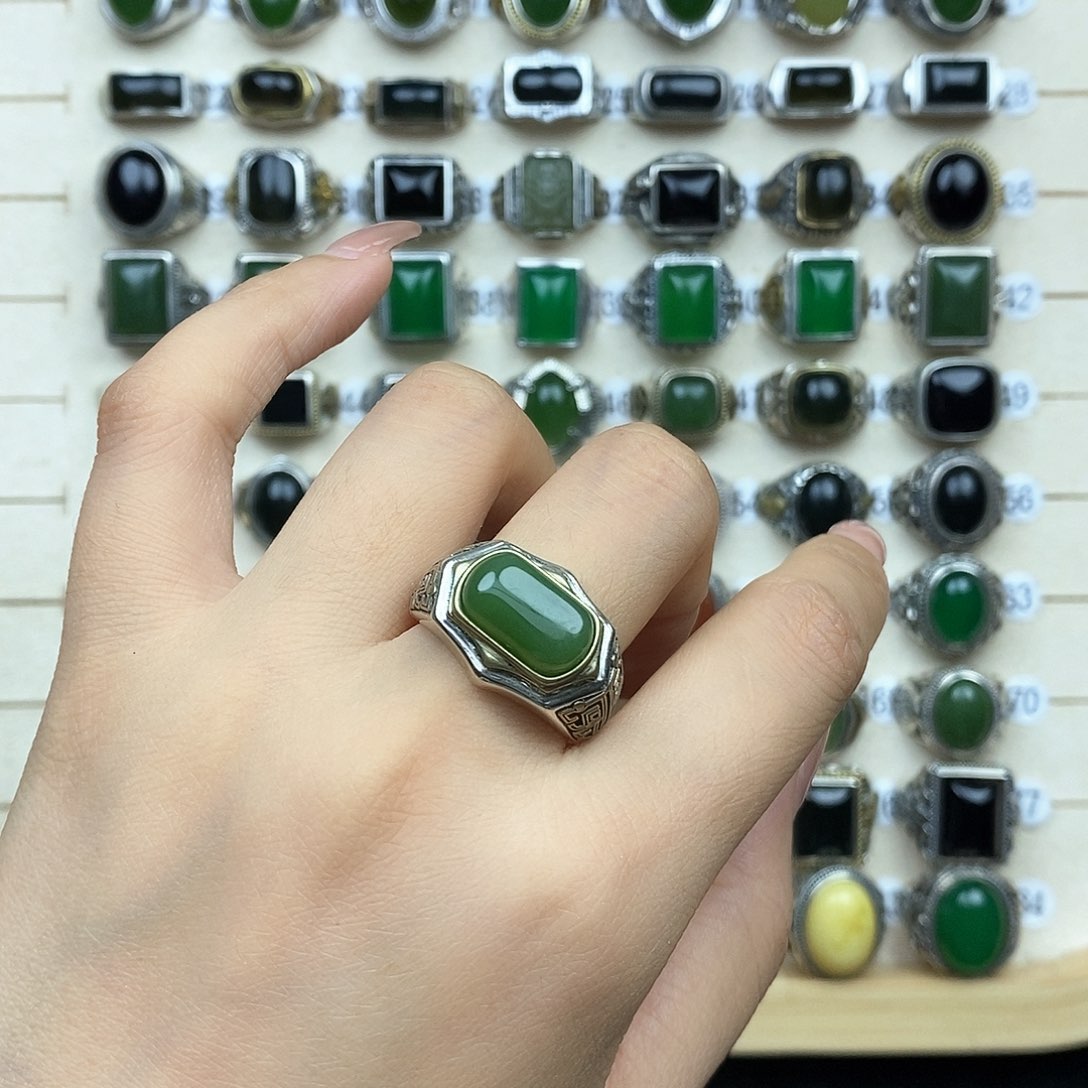 和田玉戒指银S925镶嵌洪*