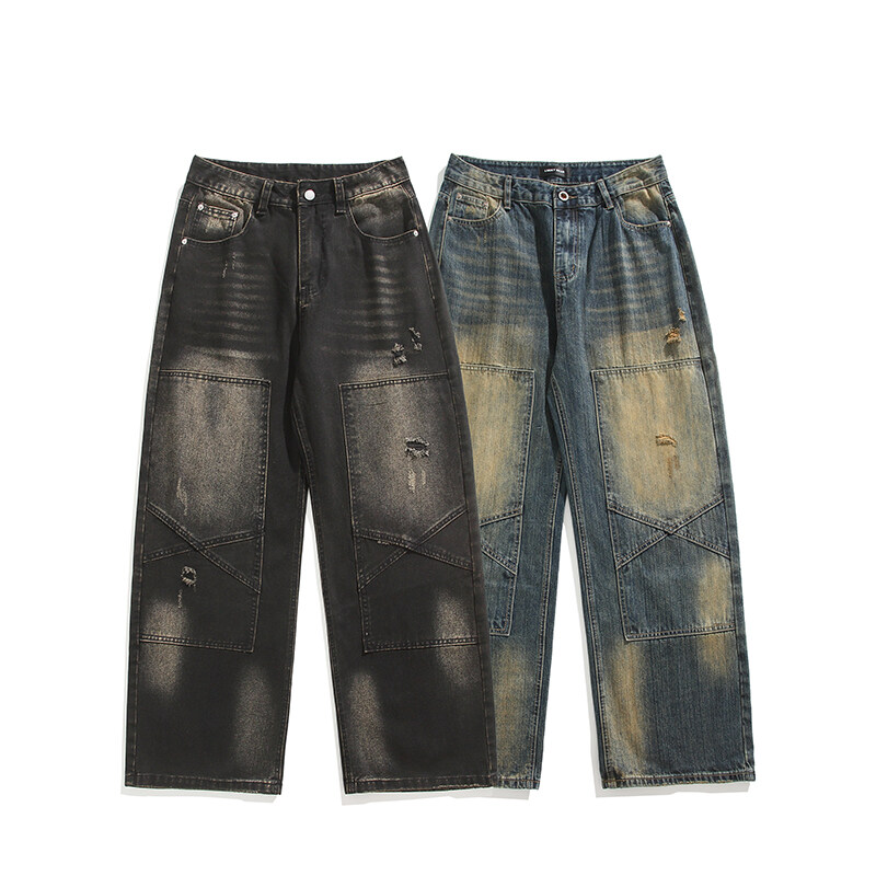 66828秋冬美式ins高街hiphop重工艺水洗直筒牛仔裤男
