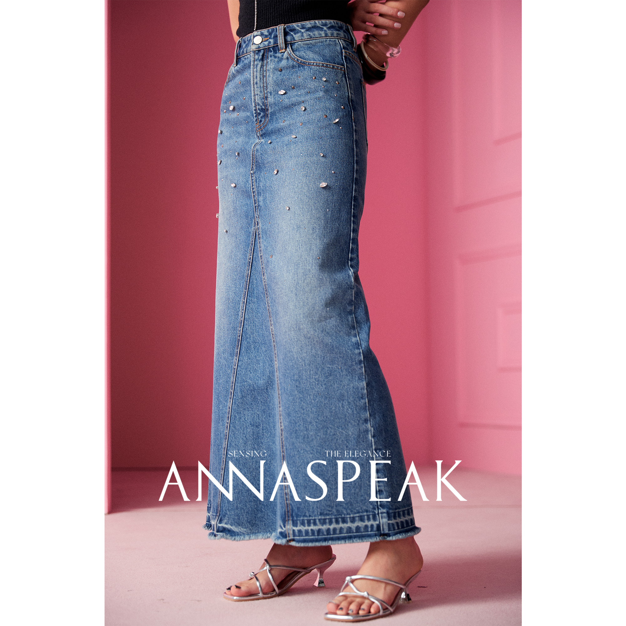 ANNASPEAK钉钻长绒棉牛仔裙子AS新款夏季长款气质百搭半身裙女