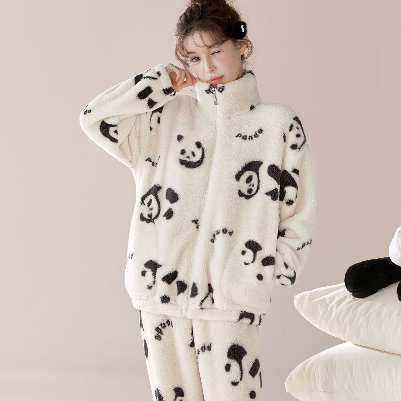 【熊猫团团】女士保暖雪花绒家居服秋冬可外穿加厚法兰绒睡衣新款