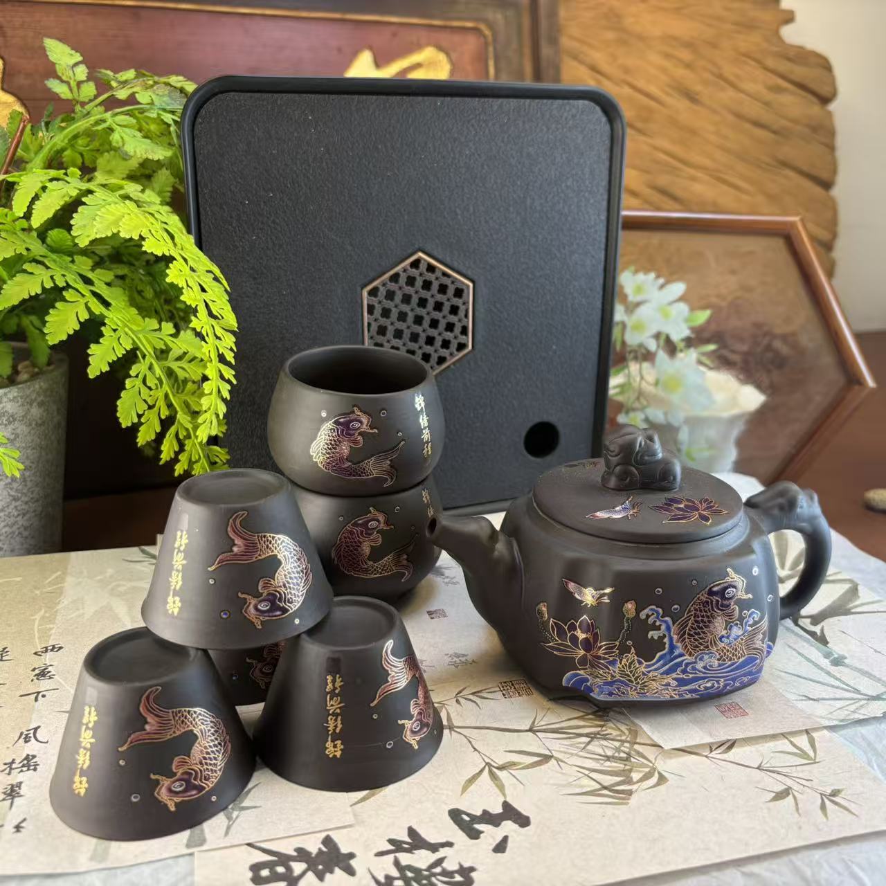 深井老紫泥紫砂（锦绣前程）1壶+2主人杯+4小杯+盘-3054