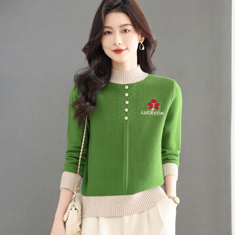 允山黛冬季时尚加厚款洋气女士针织打底衫半高圆领宽松长袖百搭