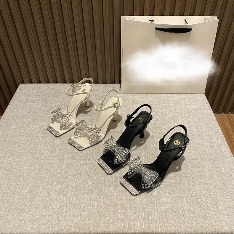 方头水钻蝴蝶结细跟一字凉鞋女2025仙女风露趾配裙高跟鞋5588-1