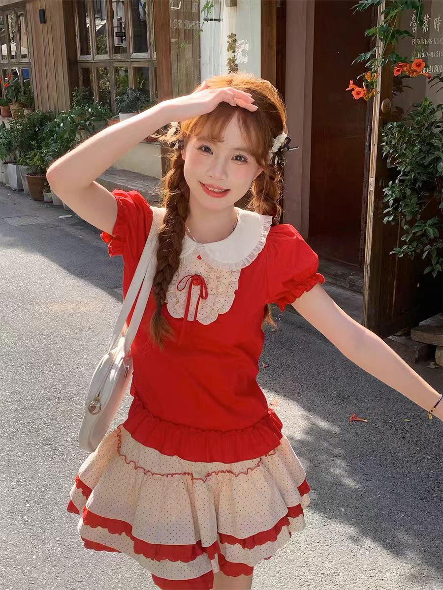 【樱桃蜜豆】巨好看的夏装一整套红色上衣+波点半身裙套装