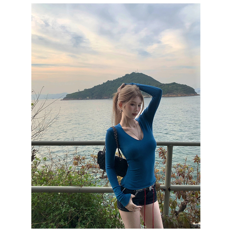 多色复古V长袖T恤修身显瘦针织打底衫上衣#9907