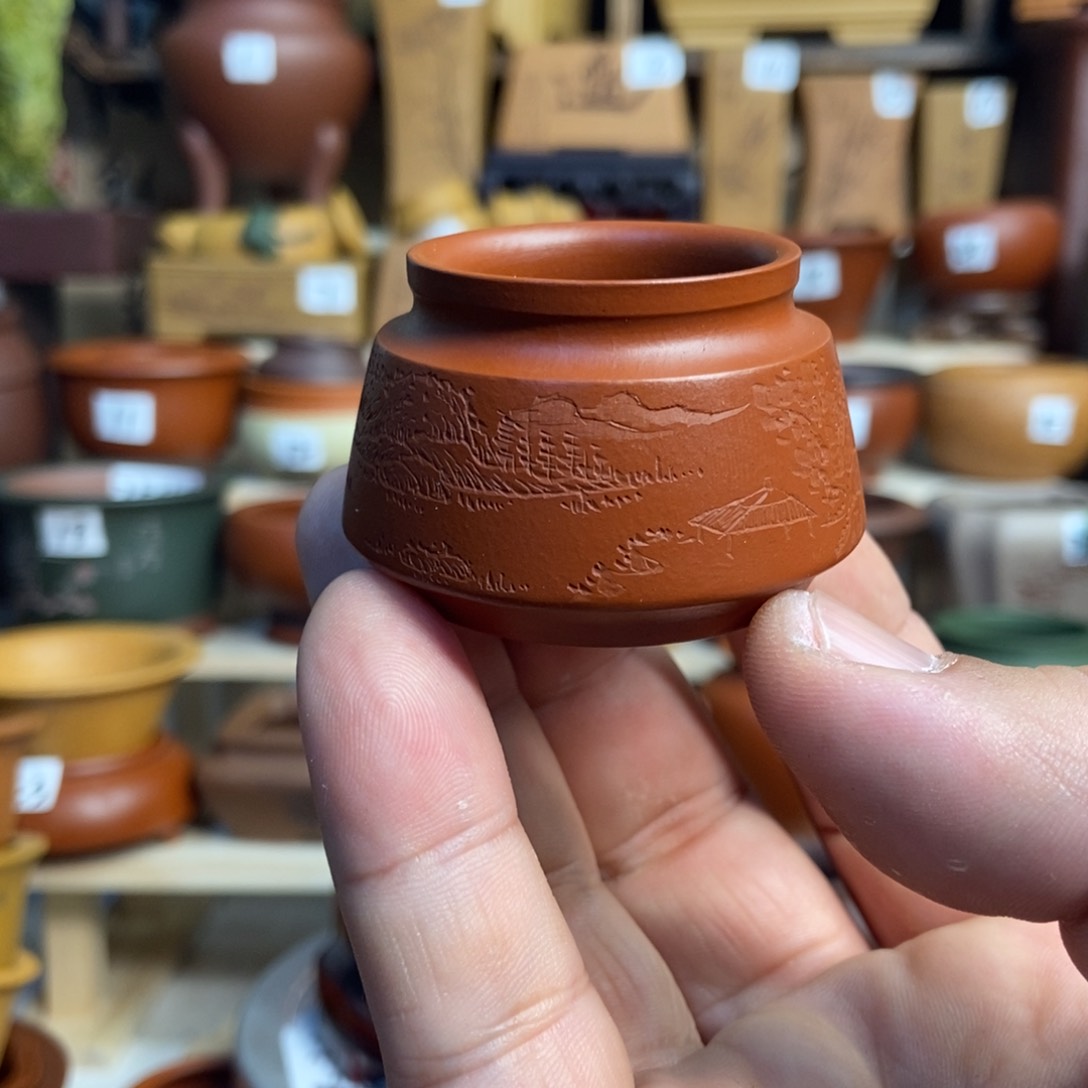 紫砂花盆孙伟手工制作带刻绘，内口经尺寸3×2.5