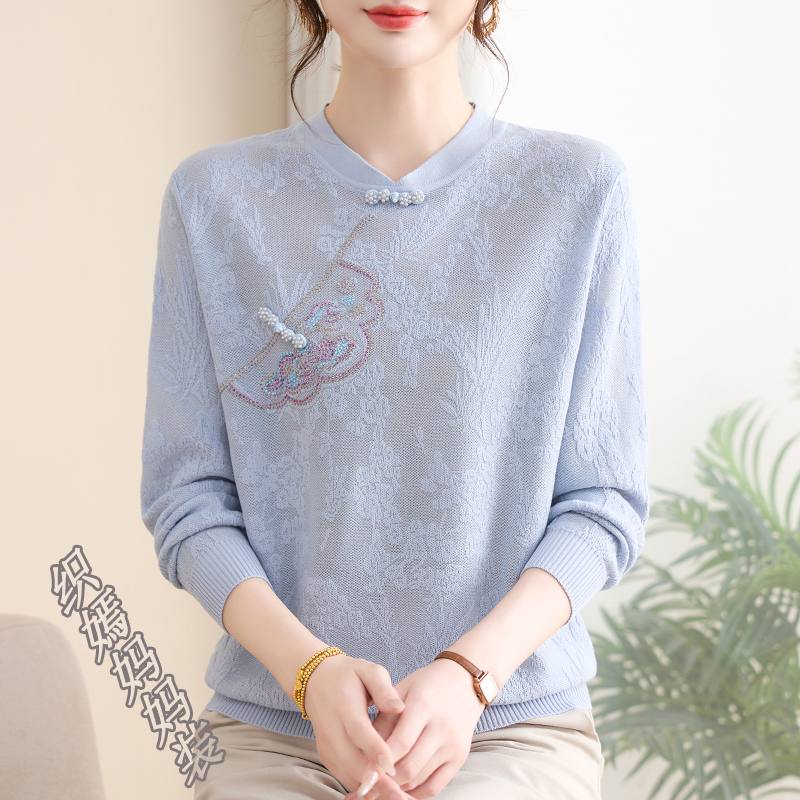 2025妈妈秋装新款国风针织上衣中老年女洋气毛衣春秋打底小衫薄款