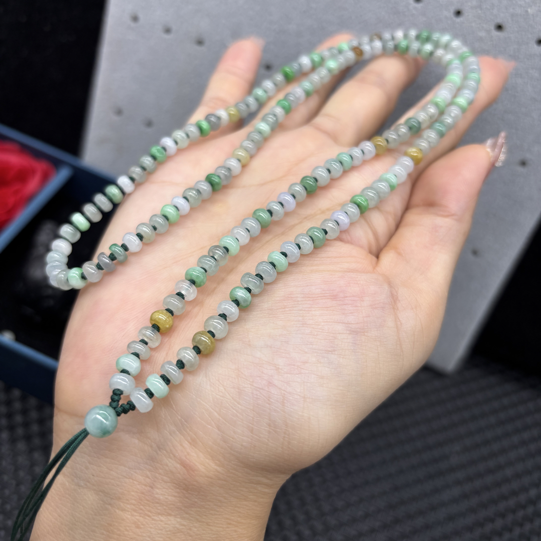 精美天然A货缅甸翡翠冰种三彩算盘珠5mm多色玉石挂件绳毛衣链百搭