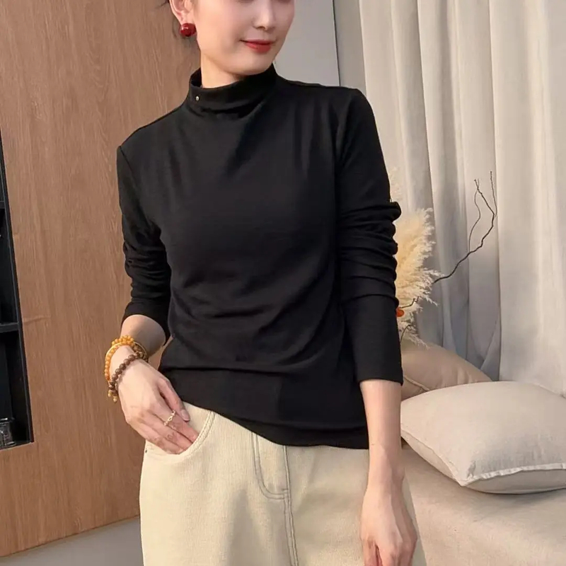 31090-法式半高领长袖打底衫常规袖女T恤休闲透气INS风