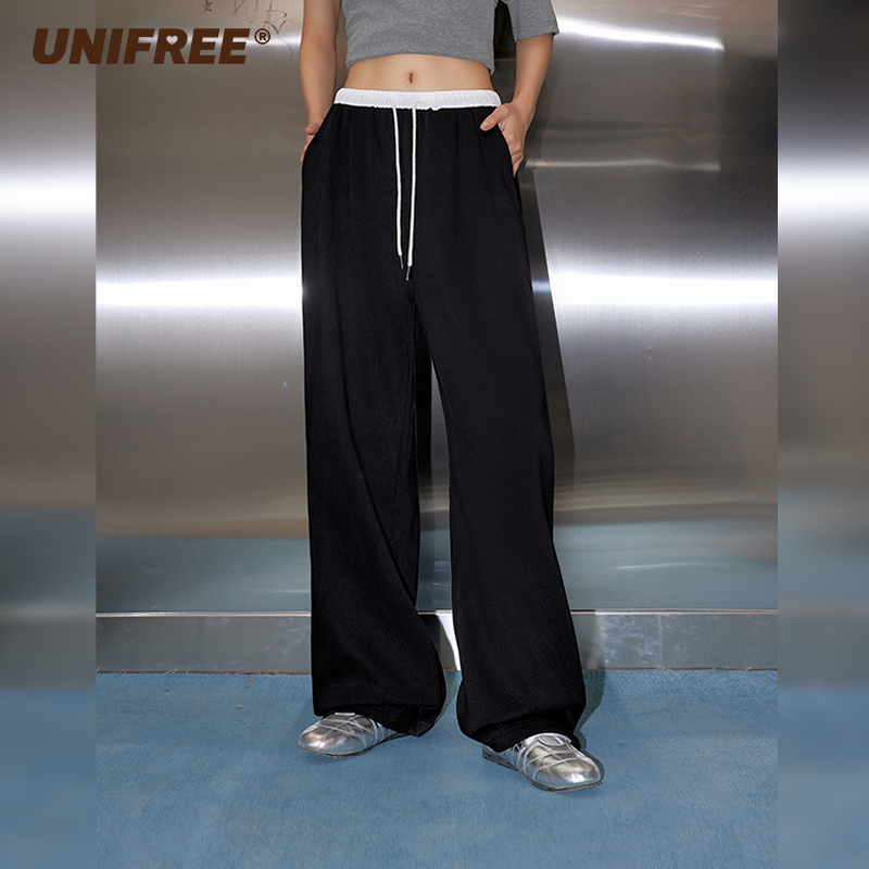 unifree【25年春】直筒休闲运动裤撞色宽松辣妹阔腿拖地长裤卫裤